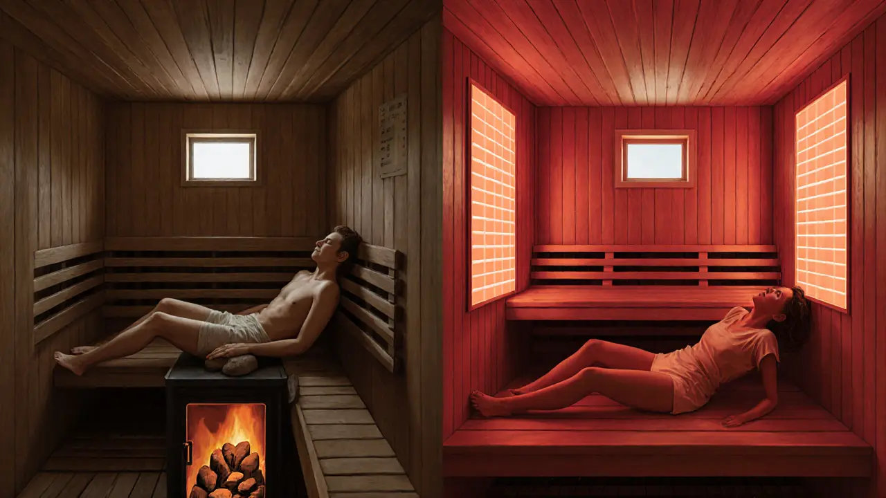 Side-by-side view of a traditional Finnish sauna and an infrared sauna interior, showing different heat sources.