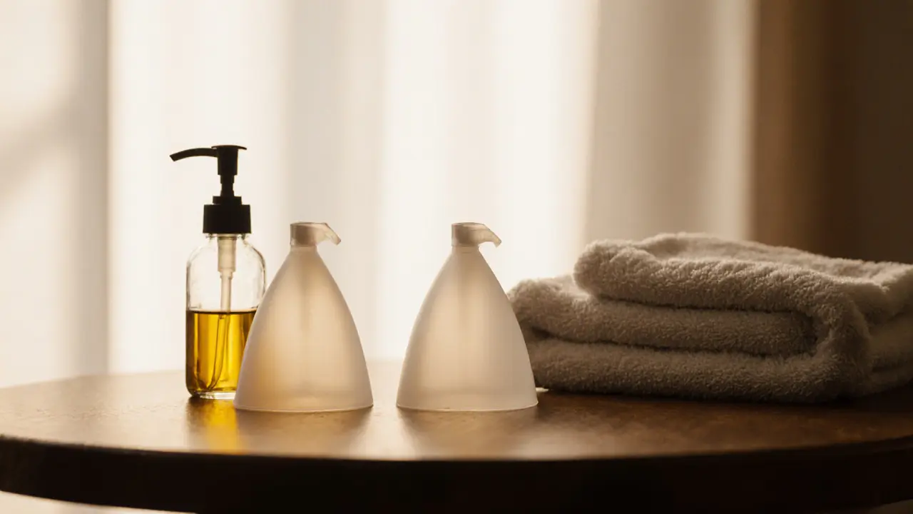 Silicone cupping device, oil bottle, and towel on wooden table