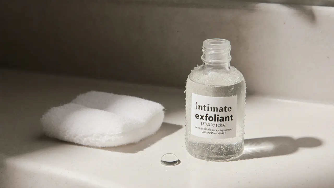Small bottle of pH-balanced intimate exfoliant on bathroom counter with cotton pad and liquid drop.