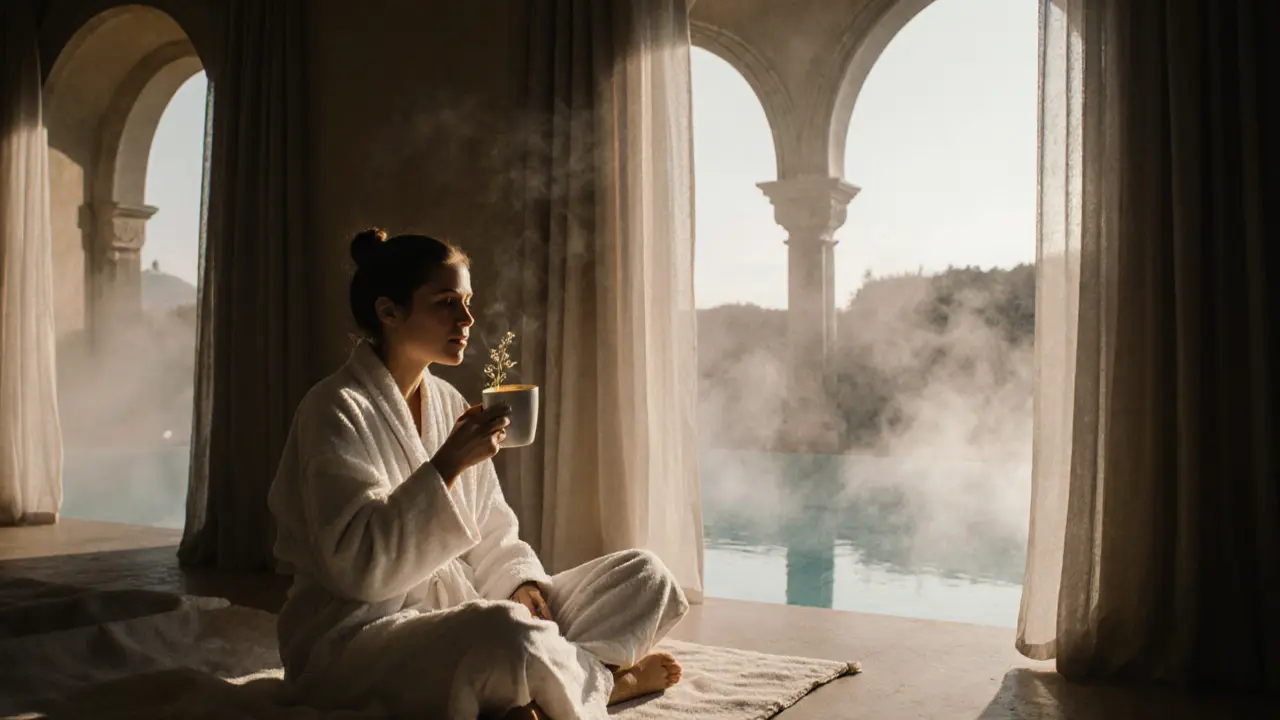 Someone relaxing in a spa robe sipping tea in a calm lounge with steam and sunlight.
