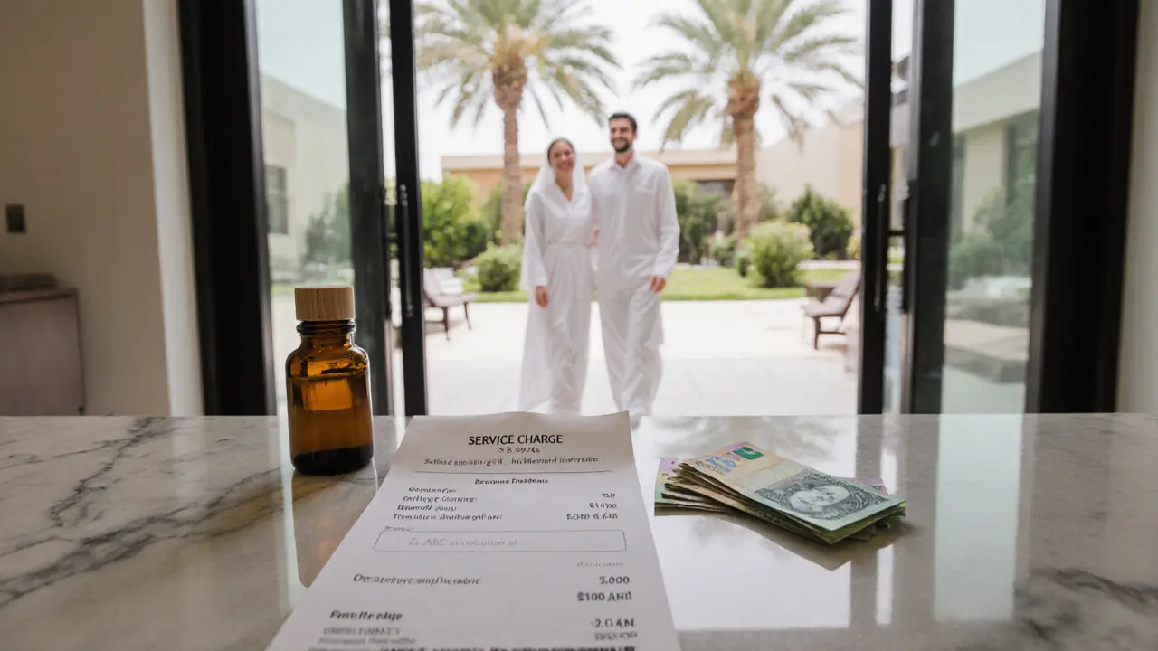 Spa receipt with included service charge and a small stack of AED notes beside an essential oil bottle.