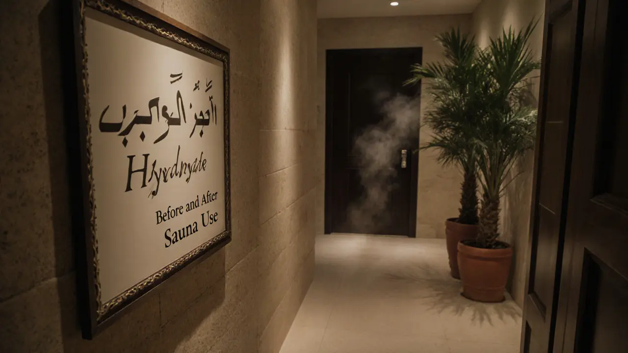 Spa sign reminding guests to hydrate before and after sauna use, in Dubai wellness center.