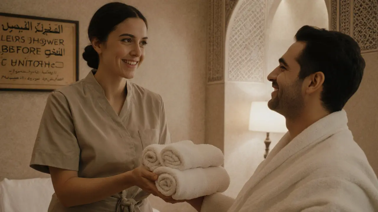 Spa staff handing a warm towel to a guest in a calm relaxation lounge with bilingual signage.