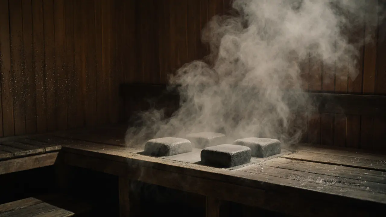 Steam rising from hot stones in a traditional sauna with wooden benches.