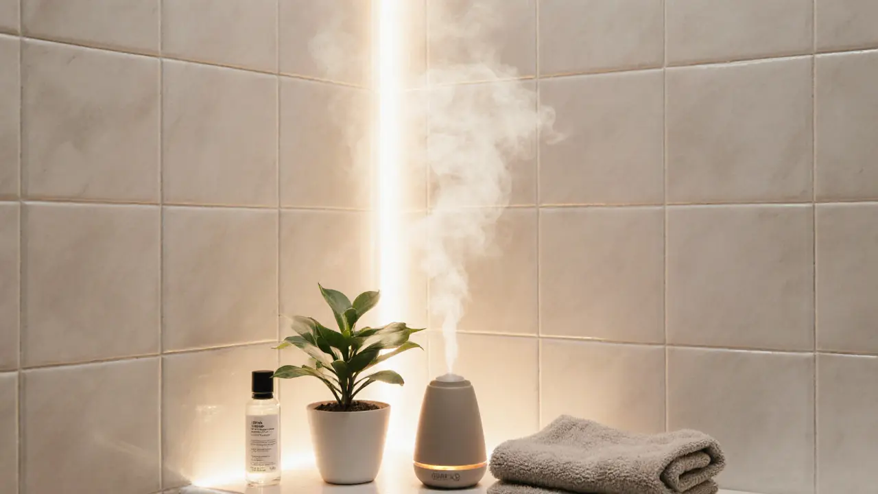 Steam room corner with a plant, diffuser, towel, and moisturizer.