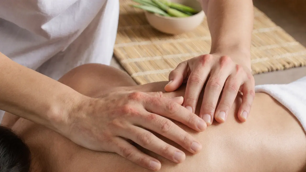 Therapist&#039;s forearm pressing into a client&#039;s shoulder during a deep tissue body-to-body massage.