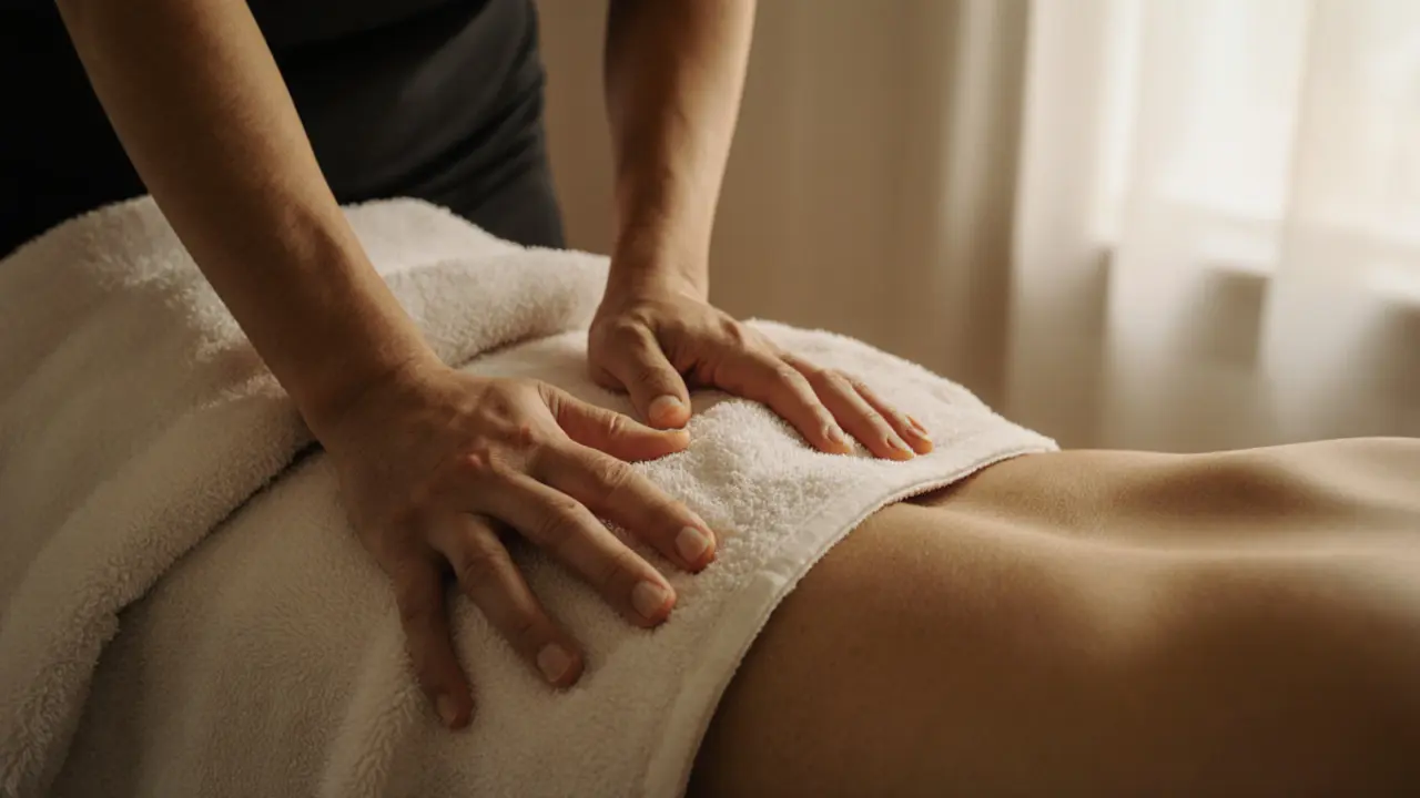 Therapist&#039;s hands applying gentle pressure on inner thigh, with towel covering the body.