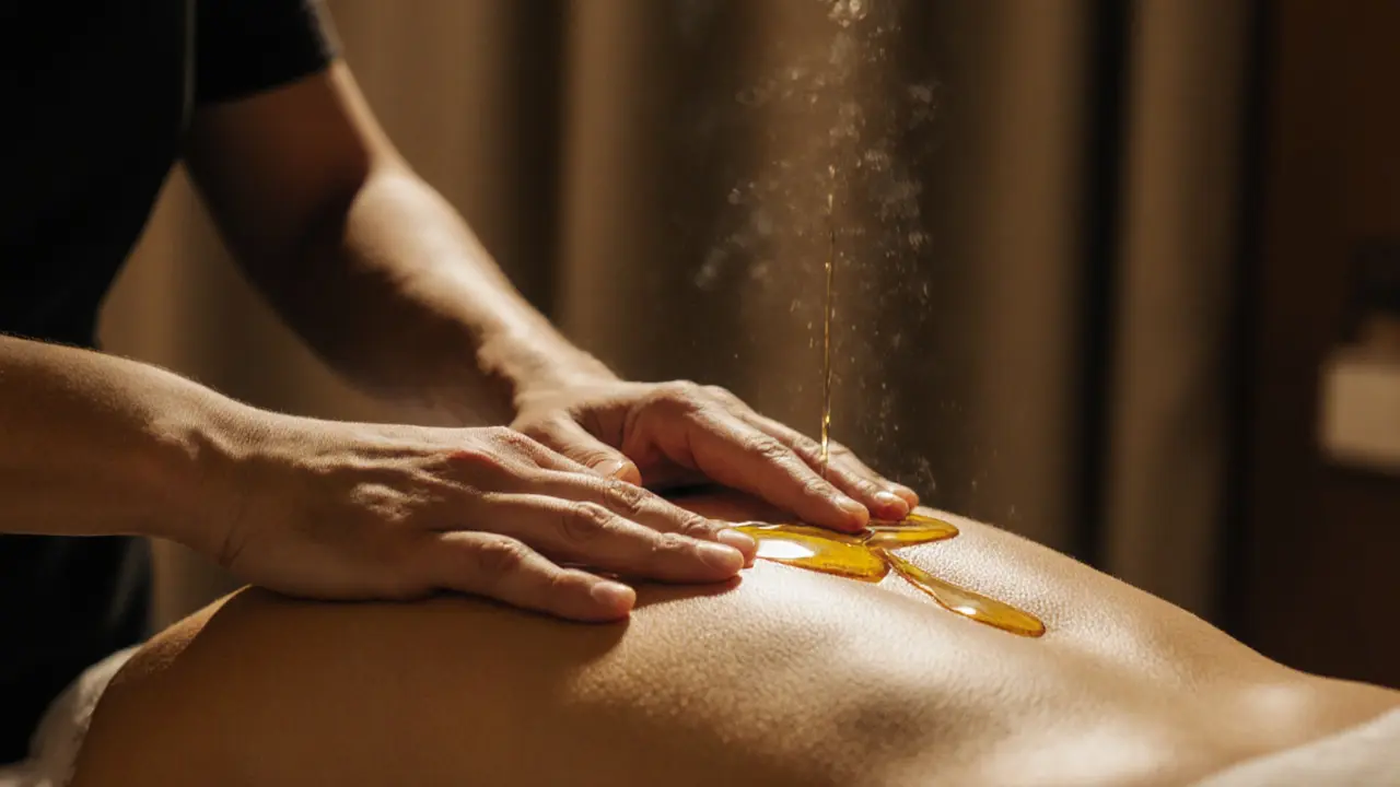 Therapist&#039;s hands applying oil to a client&#039;s back in a quiet, warmly lit room.