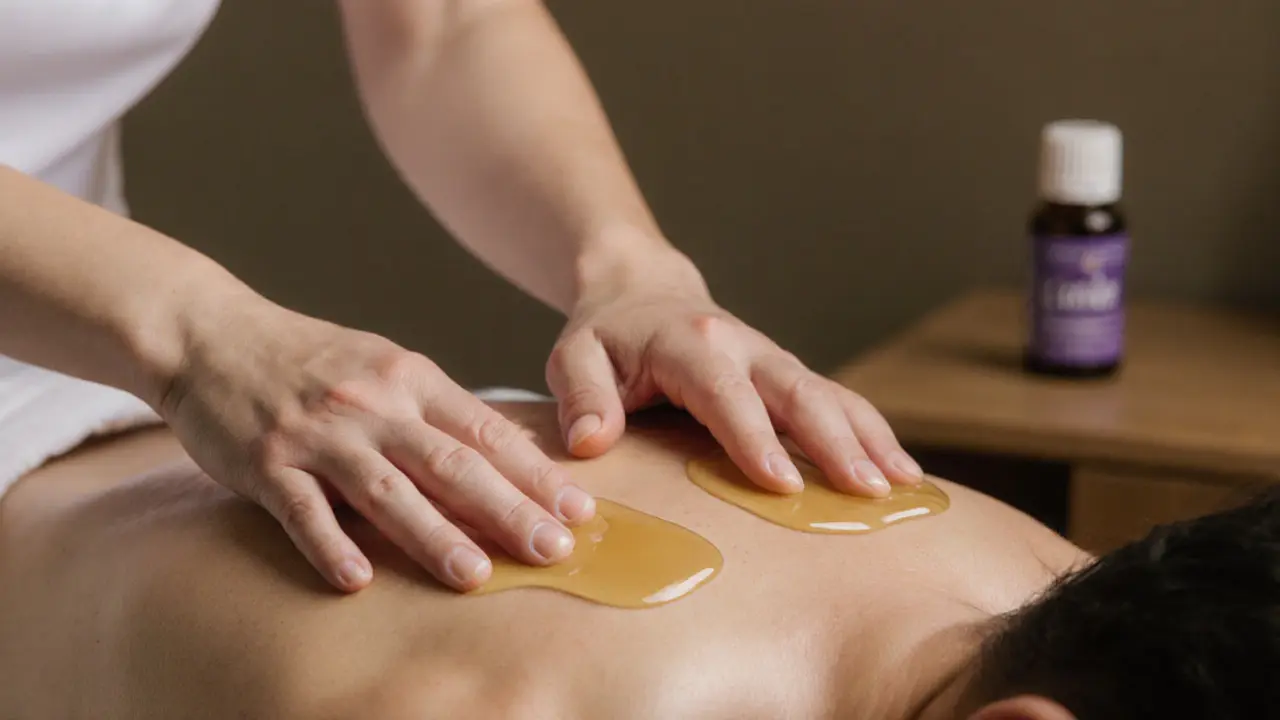 Therapist&#039;s hands gliding with warm oil over a client&#039;s back during a full body massage.