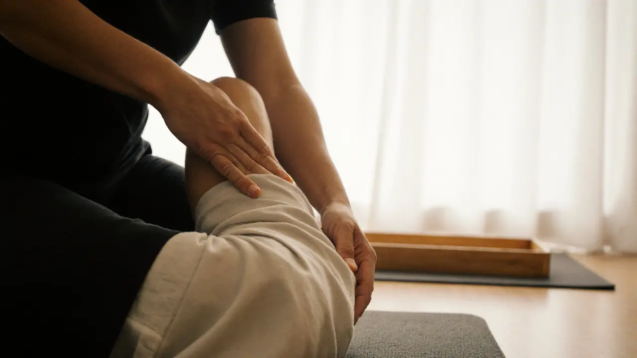 Therapist&#039;s hands stretching a client&#039;s leg through fabric during a clothed Thai massage session.