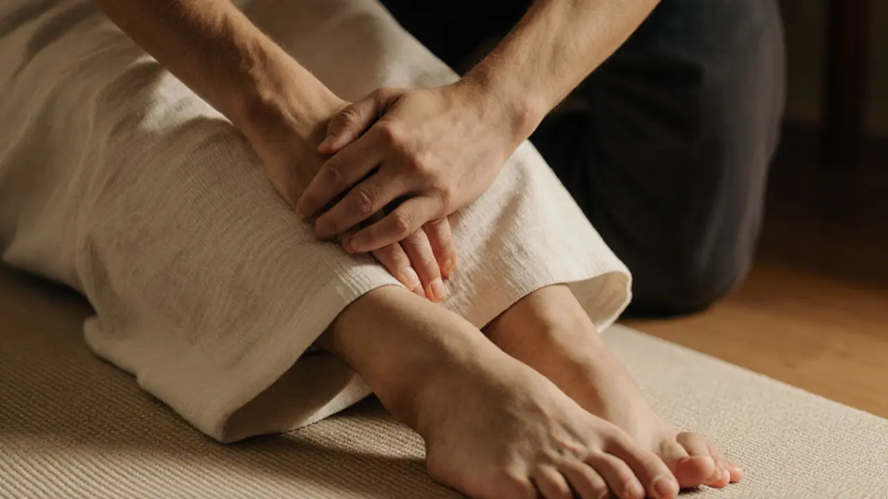 Therapist applying pressure to a clothed leg during Thai massage, natural lighting, no oils or skin exposure.