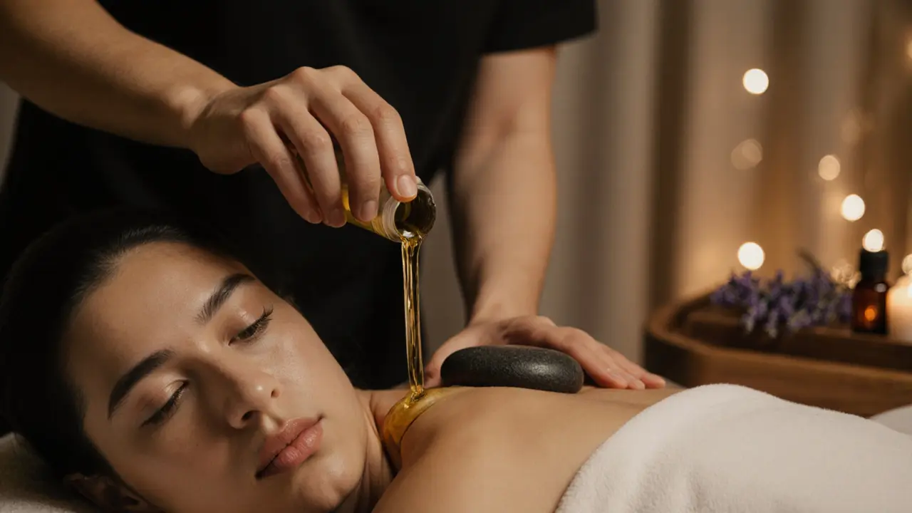 Therapist giving a customized massage with warm oil and heated stones in a quiet spa room.
