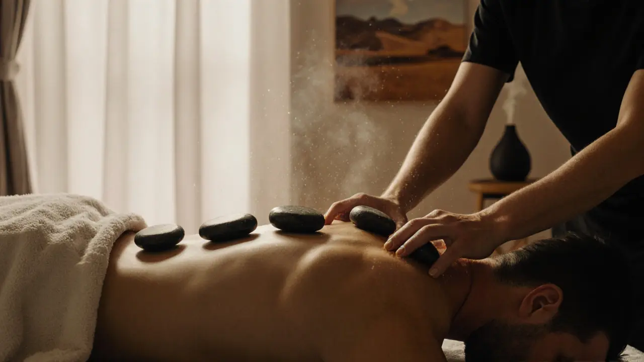 Therapist placing warm stones along a client&#039;s back during a massage, natural light streaming through curtains.
