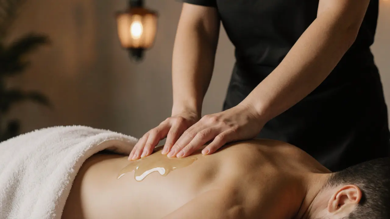 Therapist’s hands performing gentle strokes on a back, with towel draping for modesty.