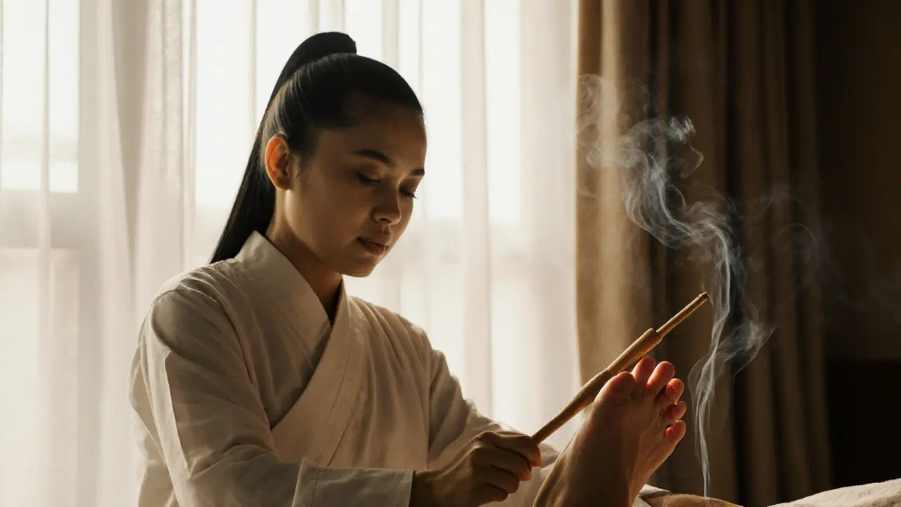 Therapist using a wooden stick for Thai foot massage in a serene setting.