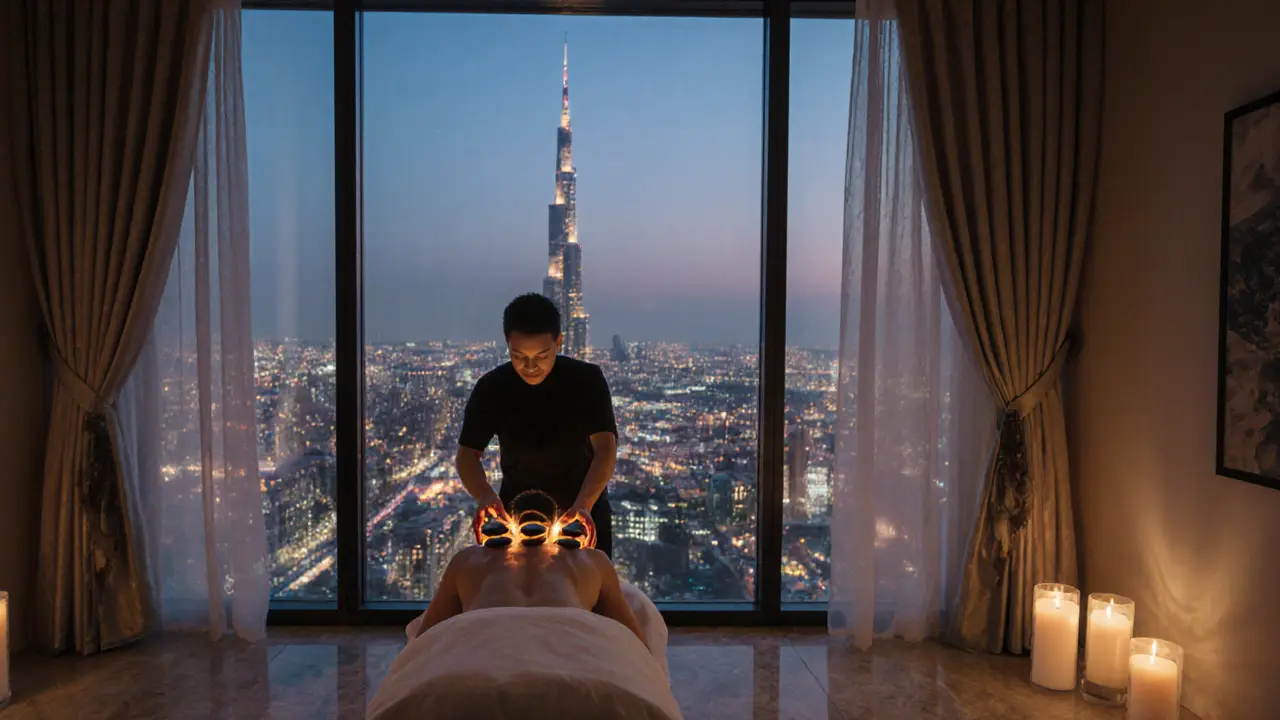 Therapist using warm stones on a client’s back with Burj Khalifa visible through the window.