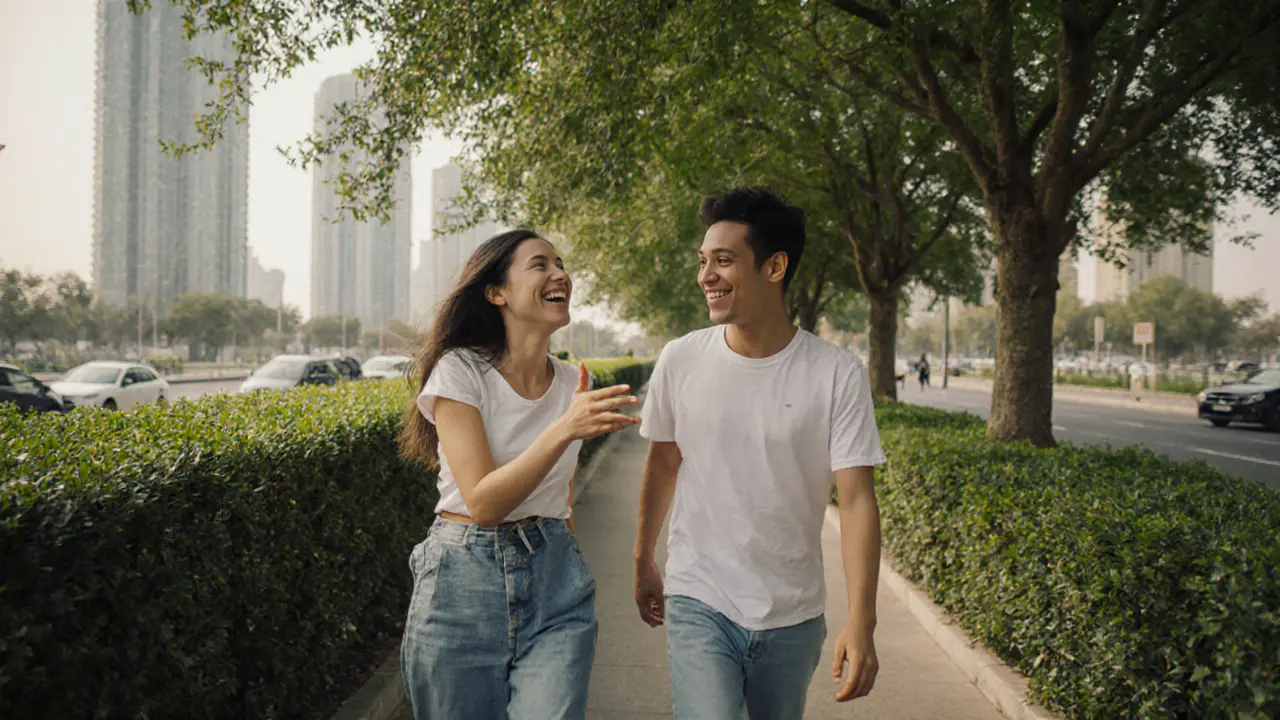 Two friends walking and talking on a shaded path in Dubai.