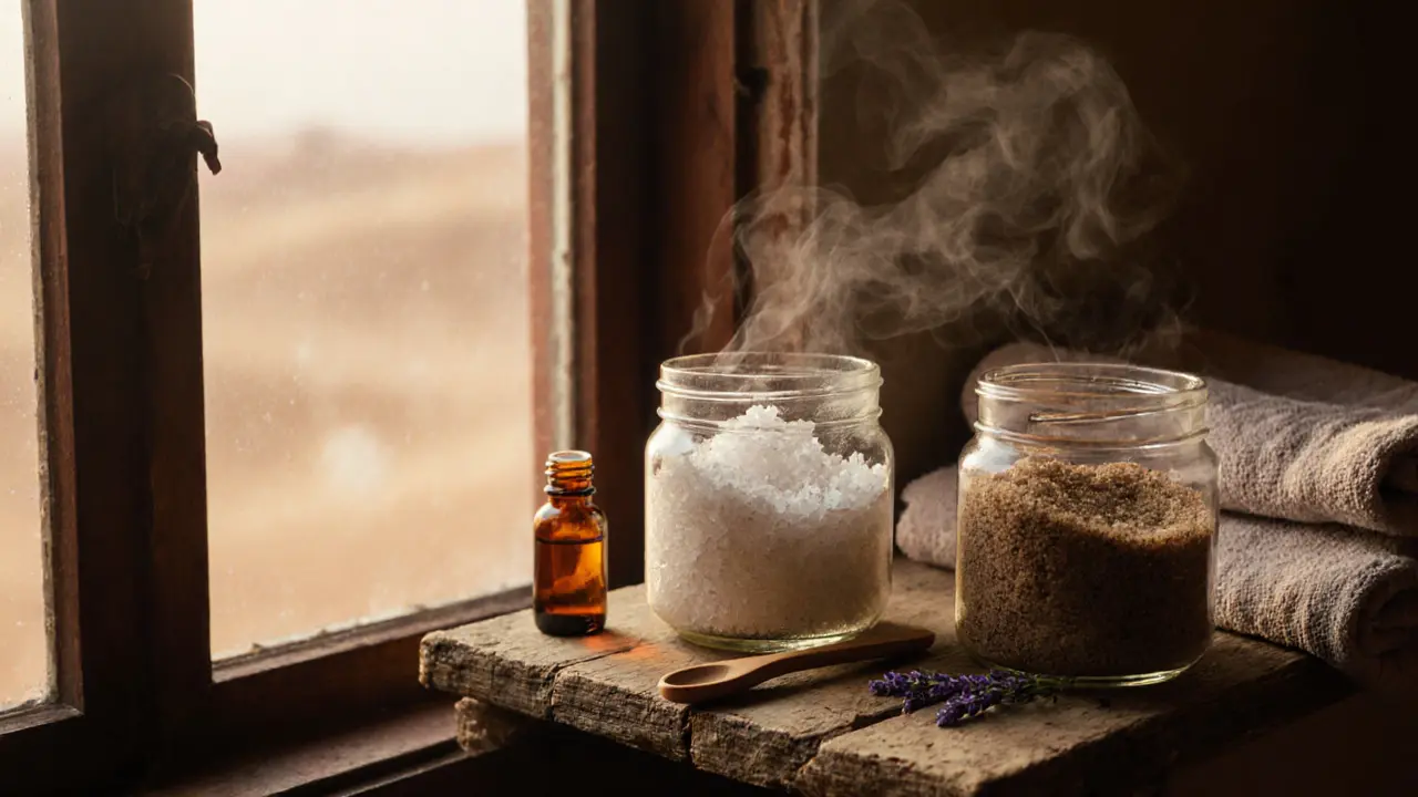 Two jars of salt and sugar scrubs on a wooden shelf with essential oil and towel.