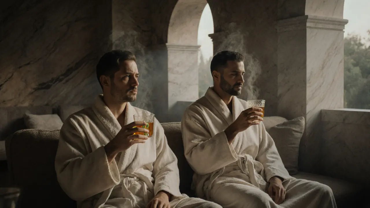 Two men in robes sipping mint tea in a quiet hammam lounge.