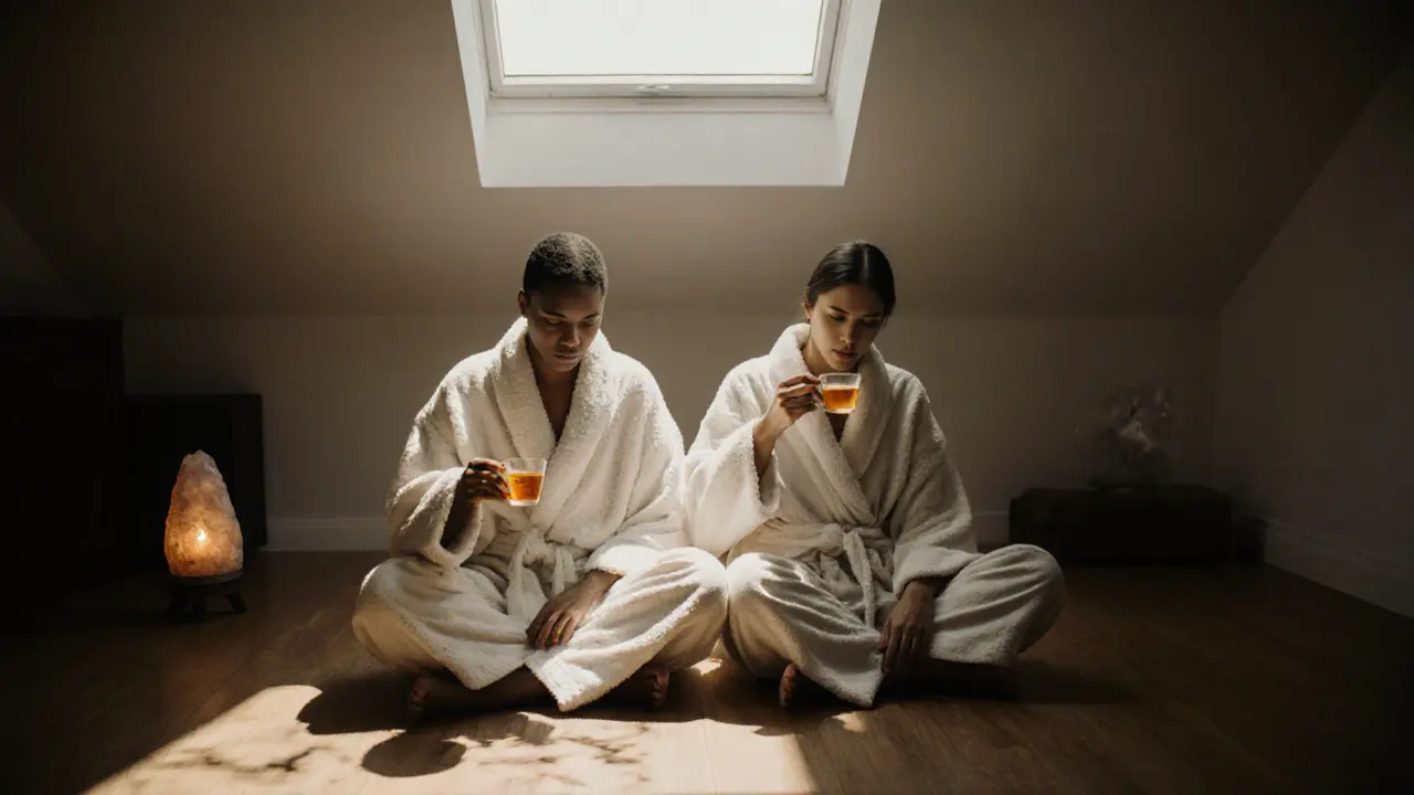 Two people in robes sitting quietly together, sipping tea in soft natural light.