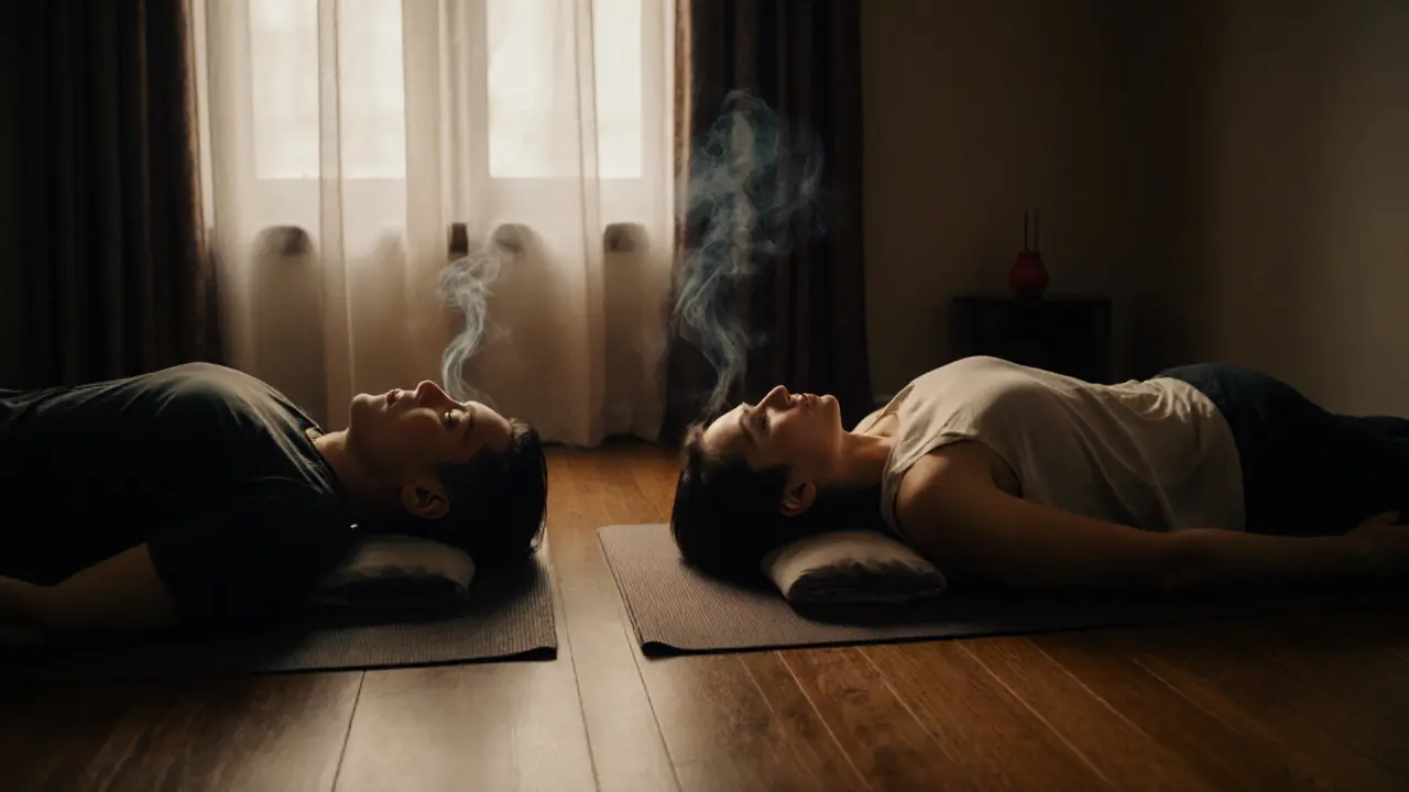 Two people relaxing on separate mats during side-by-side Thai massage in a quiet spa room.