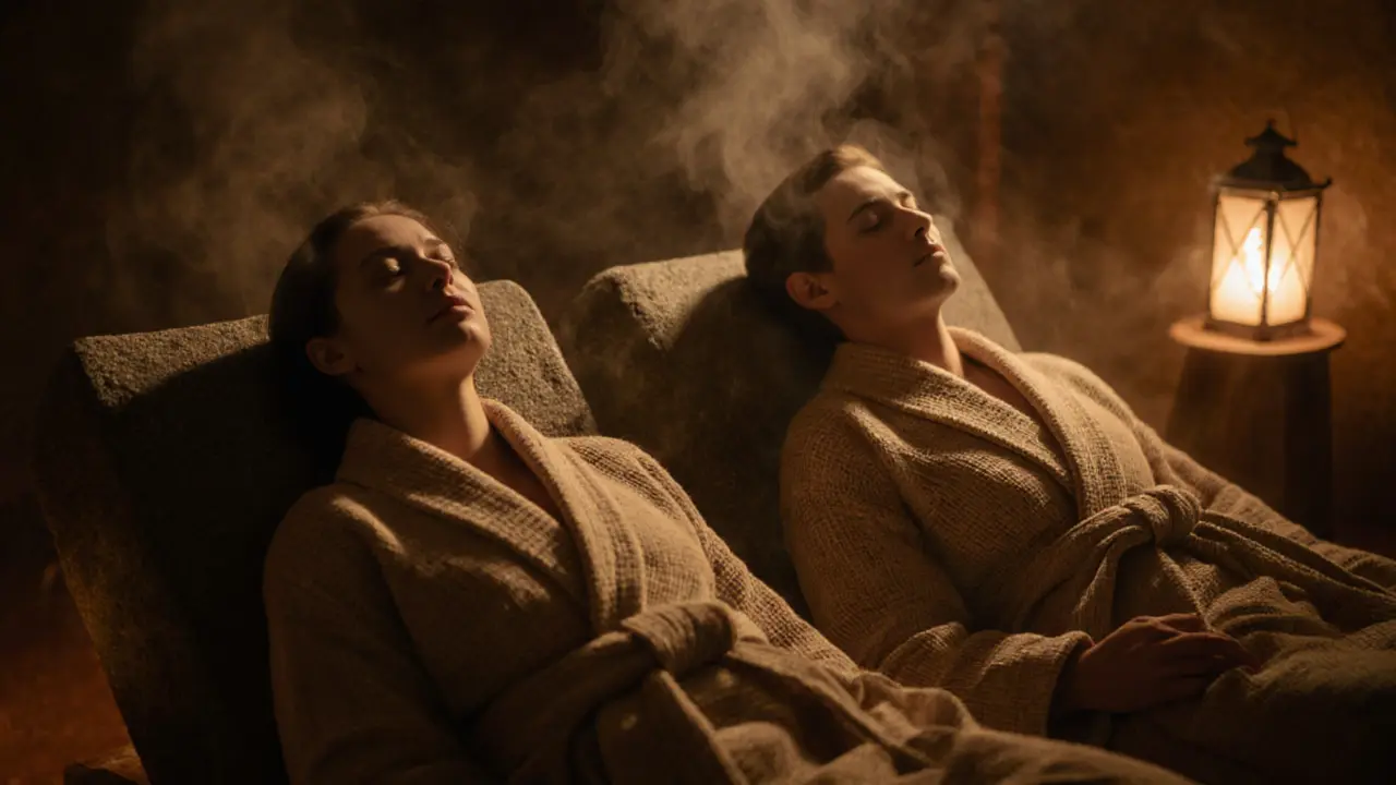 Two people relaxing side-by-side in a quiet spa after a massage.