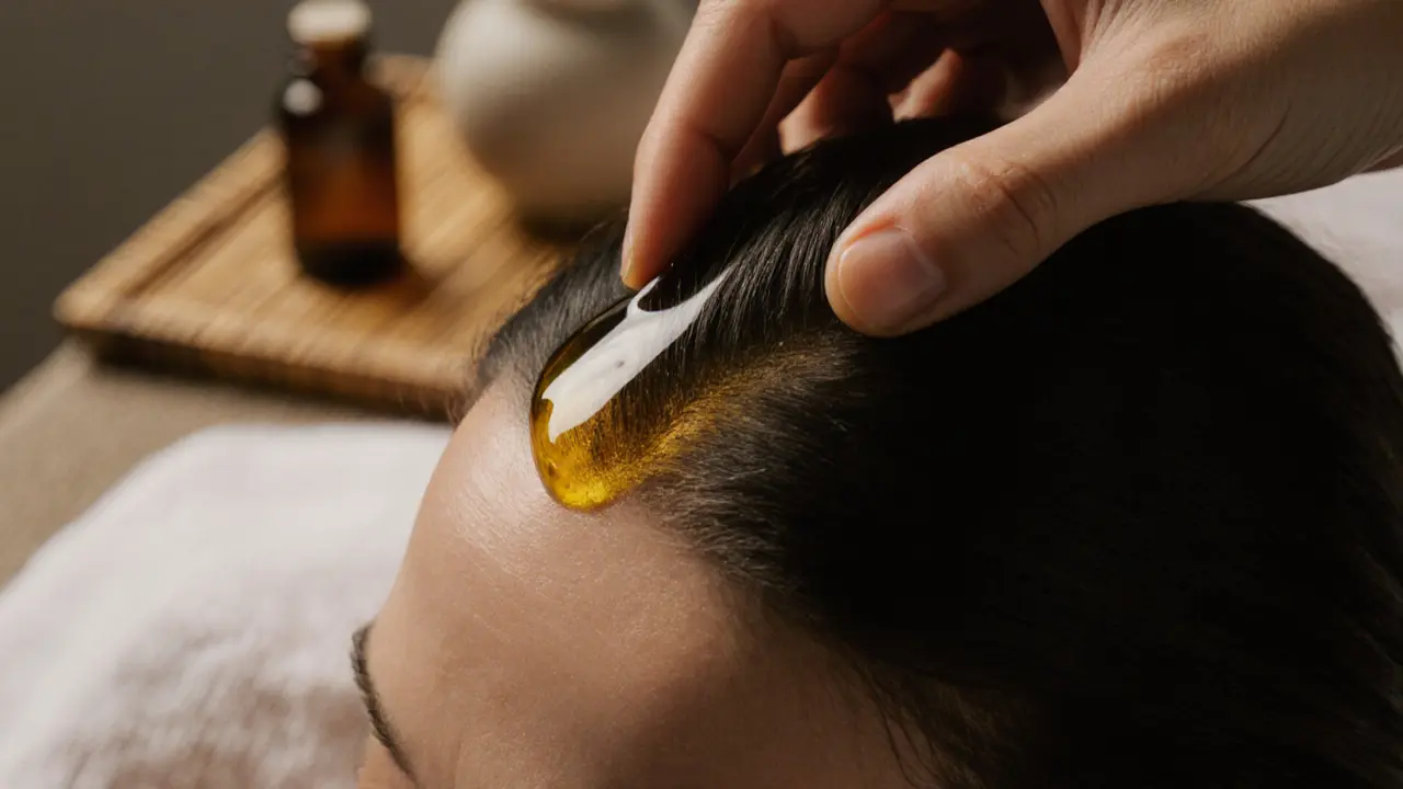 Warm oil being applied to scalp with fingertips, highlighting shine and texture.