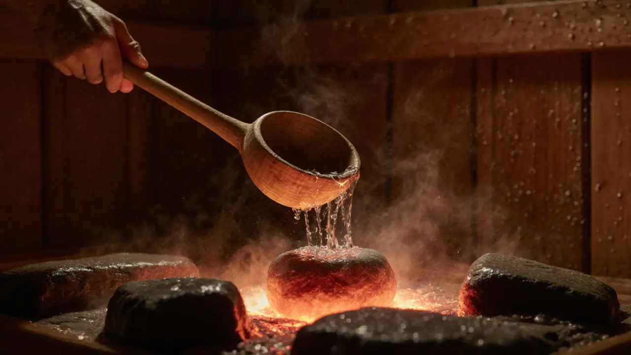 Water being poured over glowing hot stones in a sauna, creating a burst of steam against wooden walls.