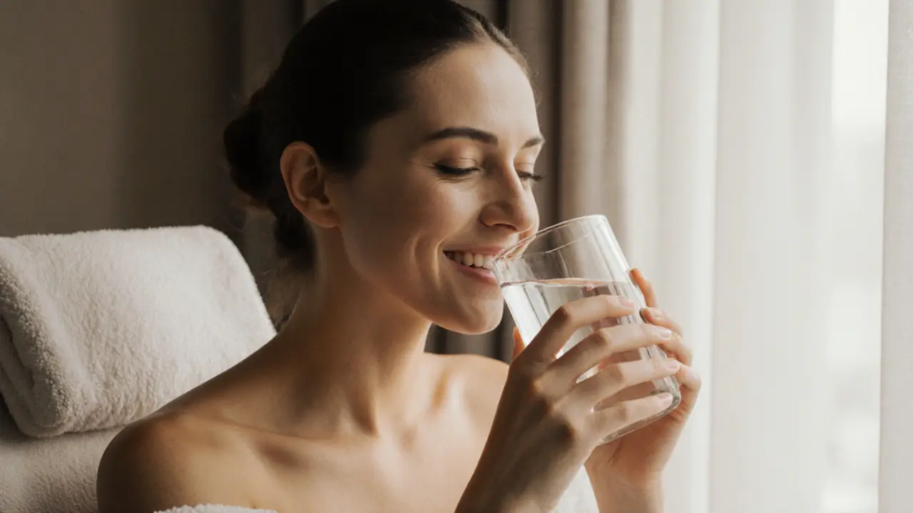Woman drinking water after a lymphatic drainage session, relaxed and refreshed in a spa setting.
