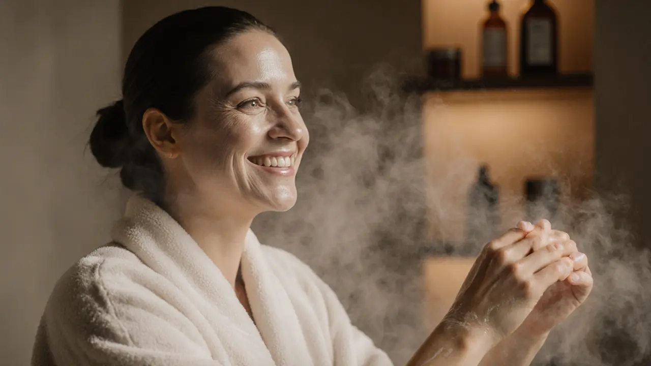 Woman smiling after a body scrub, steam rising in a peaceful bathroom.