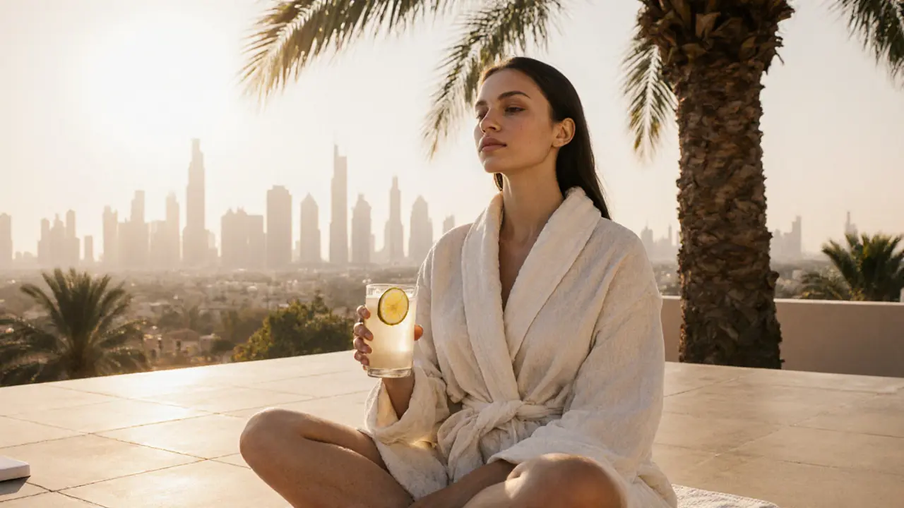 Woman with glowing skin after hammam, wearing a cotton robe, sitting in natural light