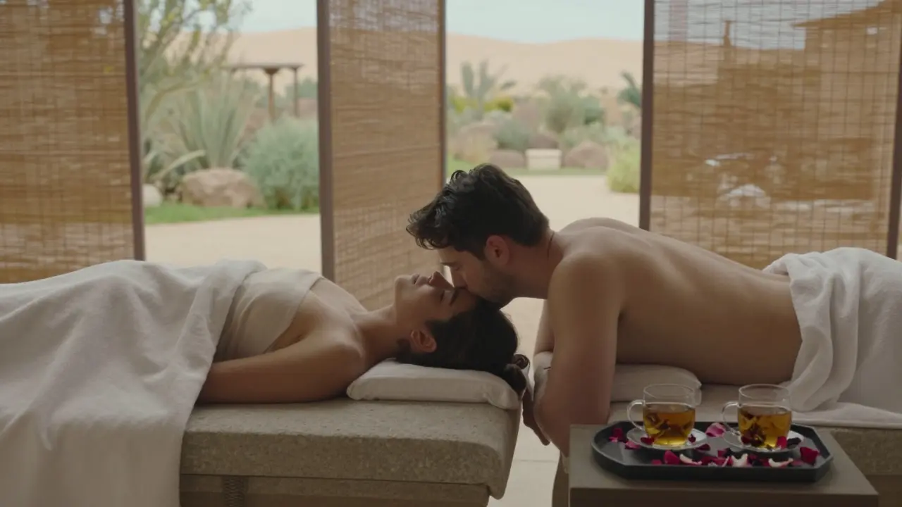 A couple cuddling on heated loungers after a massage, one kissing the other's forehead.