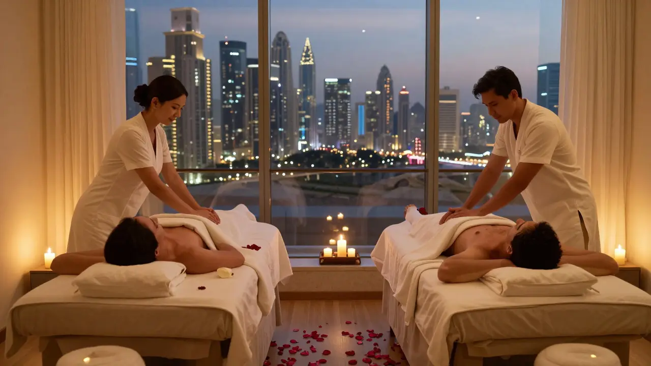A couple enjoying side-by-side massages in a candlelit room with a view of Dubai's skyline.