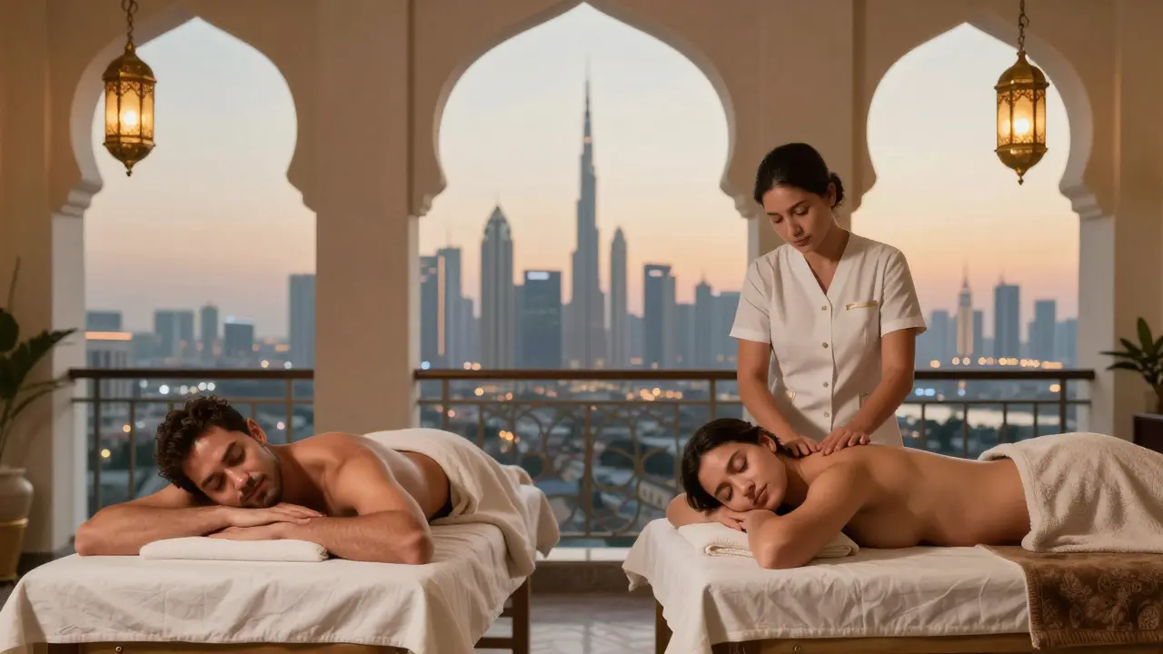 A couple receiving side-by-side massages in a luxury spa suite with a view of Dubai's skyline.