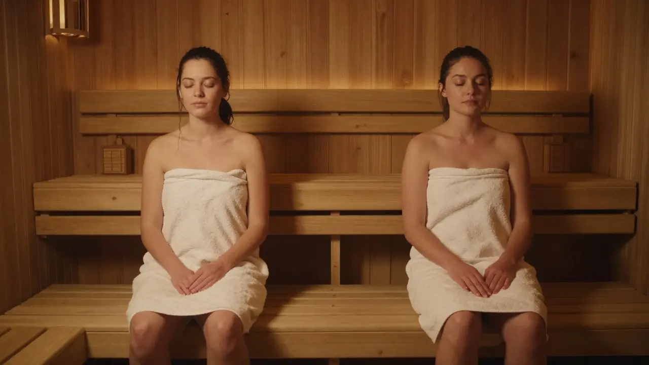 A couple relaxing quietly on separate benches in a dimly lit sauna, each wrapped in a towel.