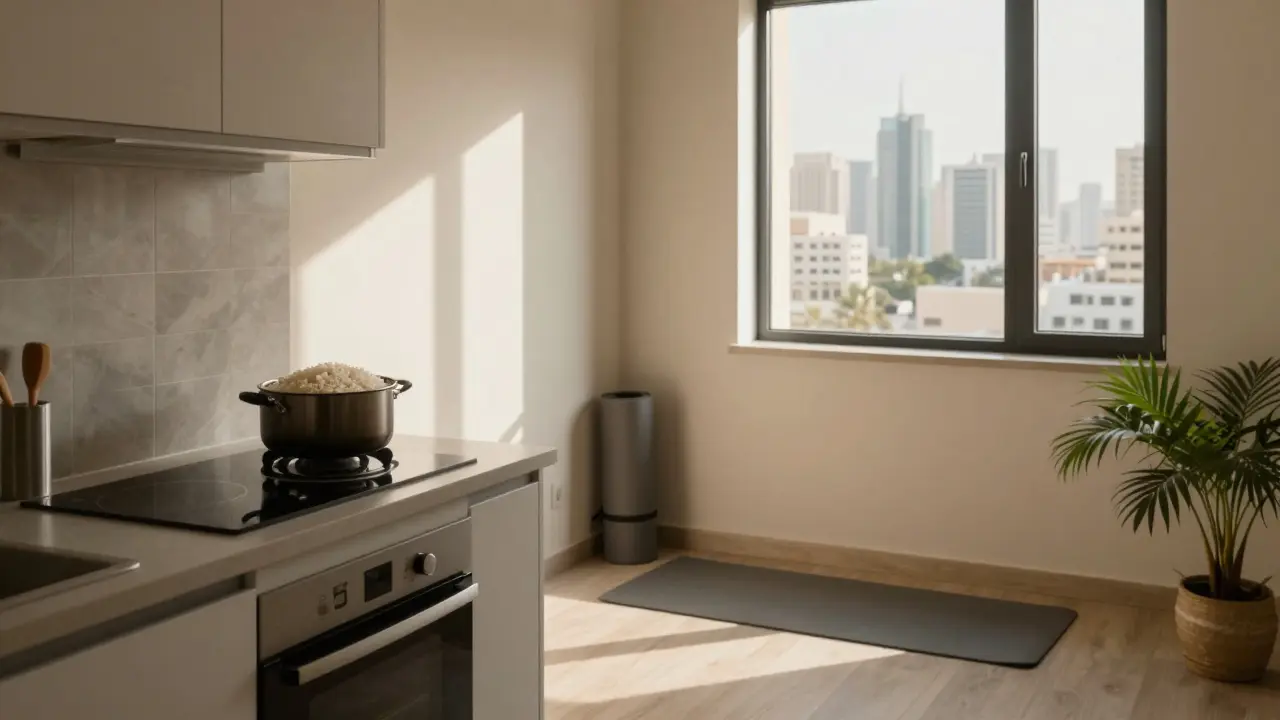 A cozy one-bedroom apartment in Al Nahda with natural light and a yoga mat by the window.