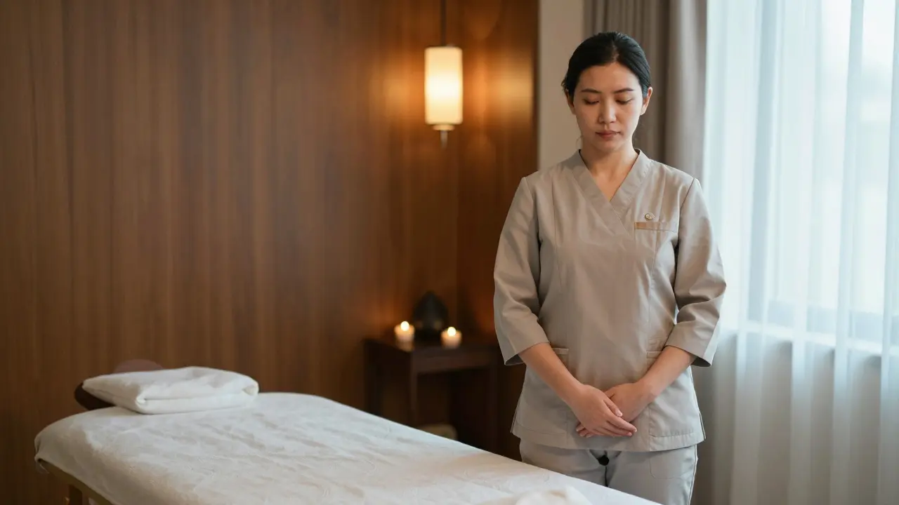 A female therapist in professional uniform standing respectfully beside a massage table in a Dubai spa.