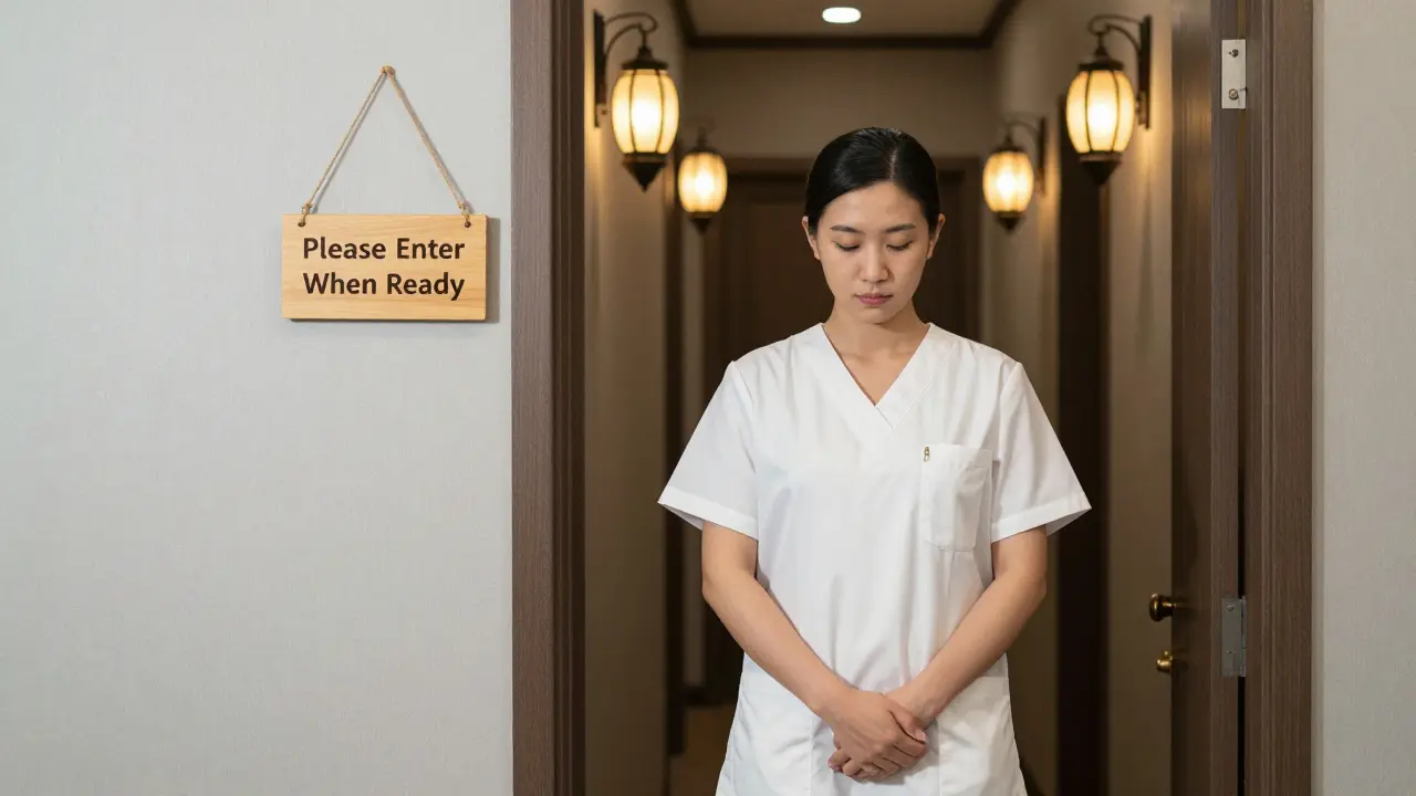A female therapist standing respectfully outside a private spa room, waiting for the client to be ready.