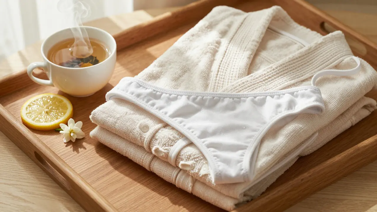 A folded cotton bikini and spa robe on a wooden tray with herbal tea.