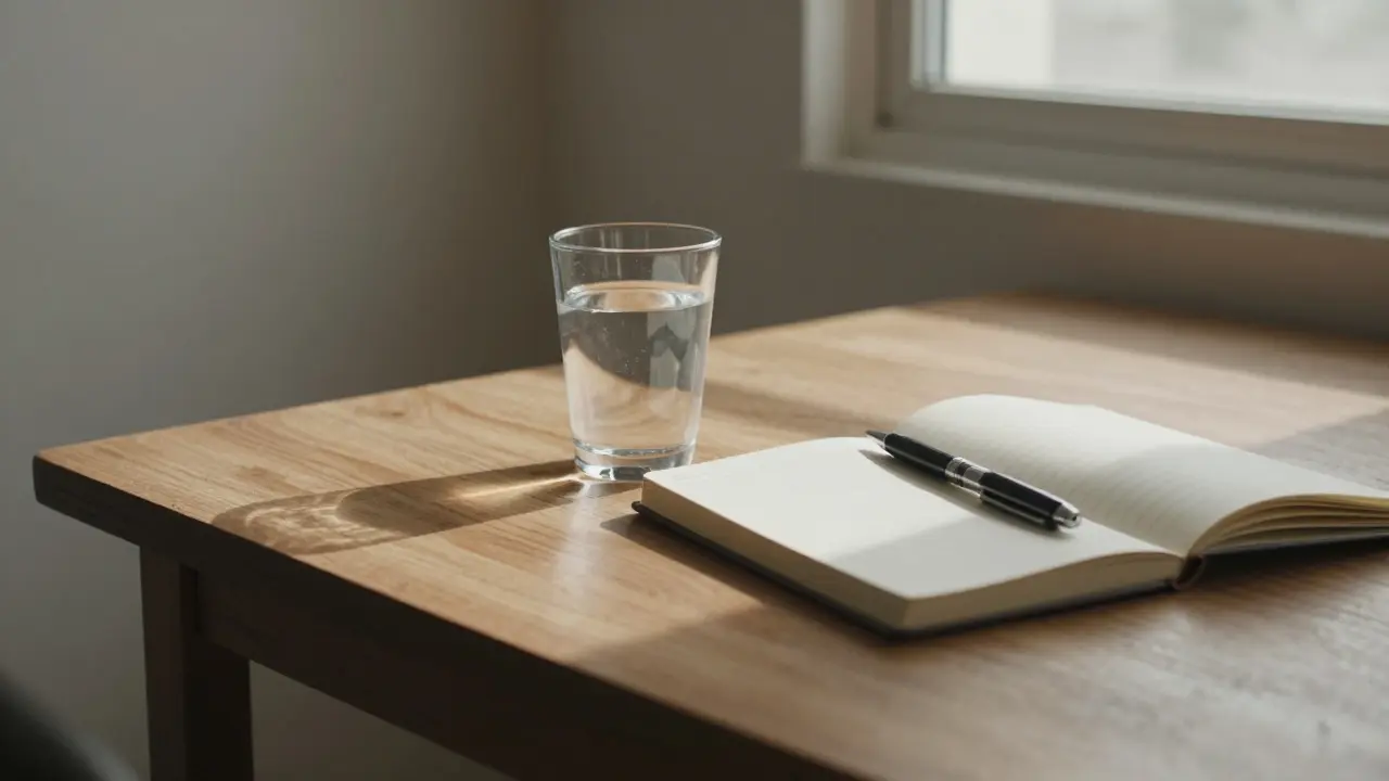 A glass of water and a journal on a wooden table near a sunlit window in a Dubai home.