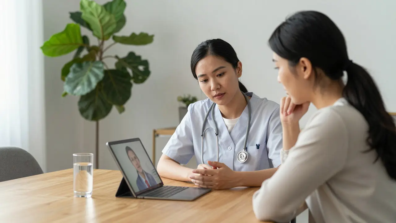 A health coach and client having a video call with a plant and water bottle on the table.