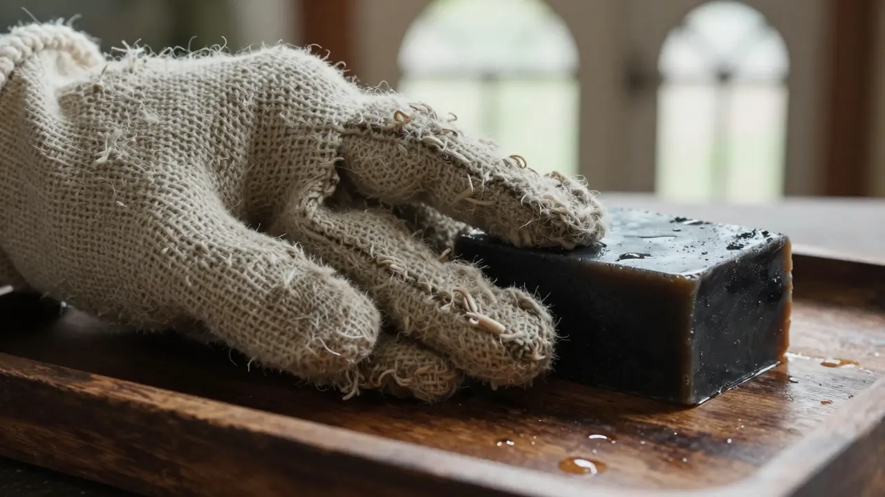 A kessa glove and black soap on a wooden tray with water droplets, close-up of natural textures.