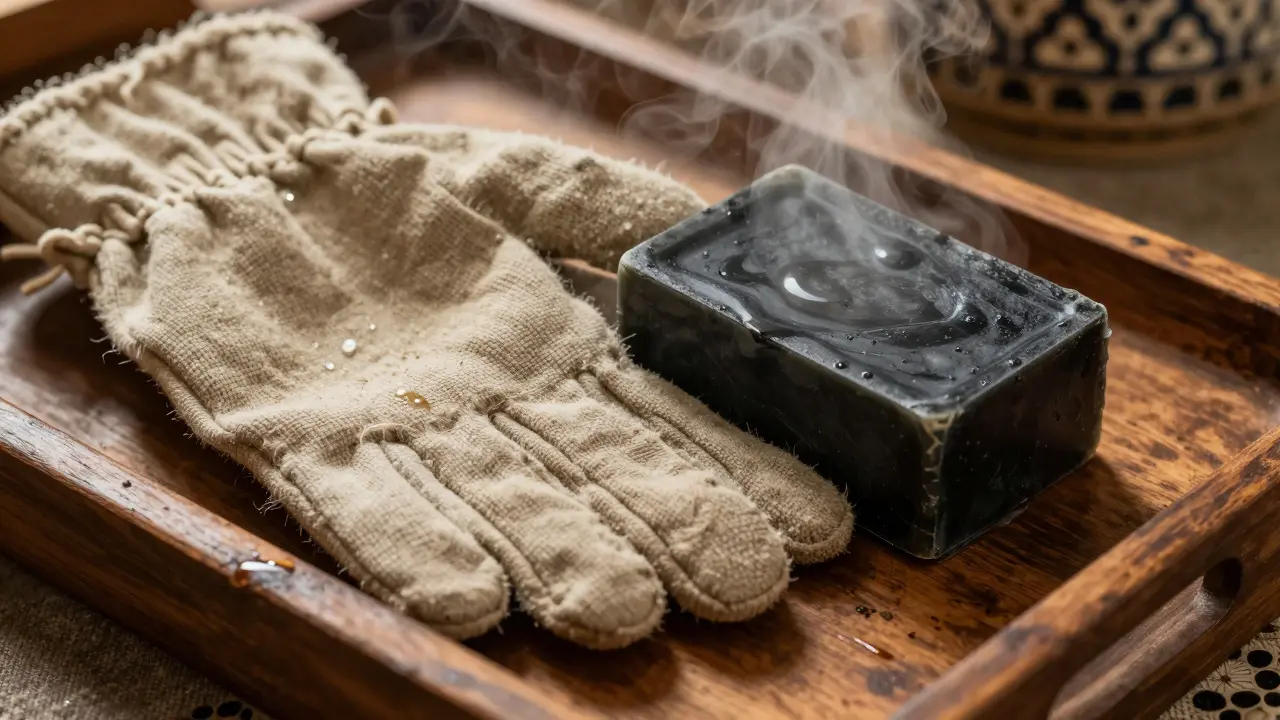 A kessa glove and black soap rest on a wooden tray, steam rising gently around them.