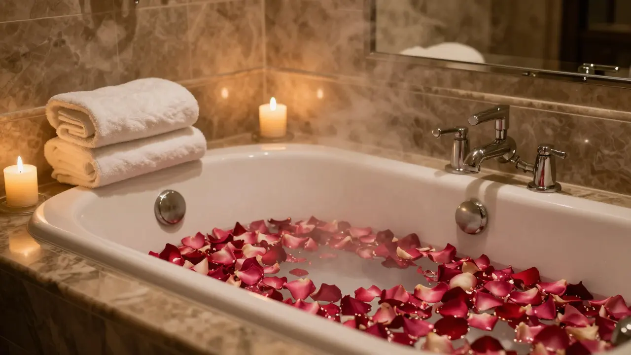 A luxurious bathroom with a rose-petal-filled tub and candles, ready for relaxation.