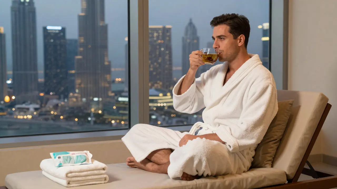 A man in a spa robe sips tea while looking out at Dubai's skyline after a massage.