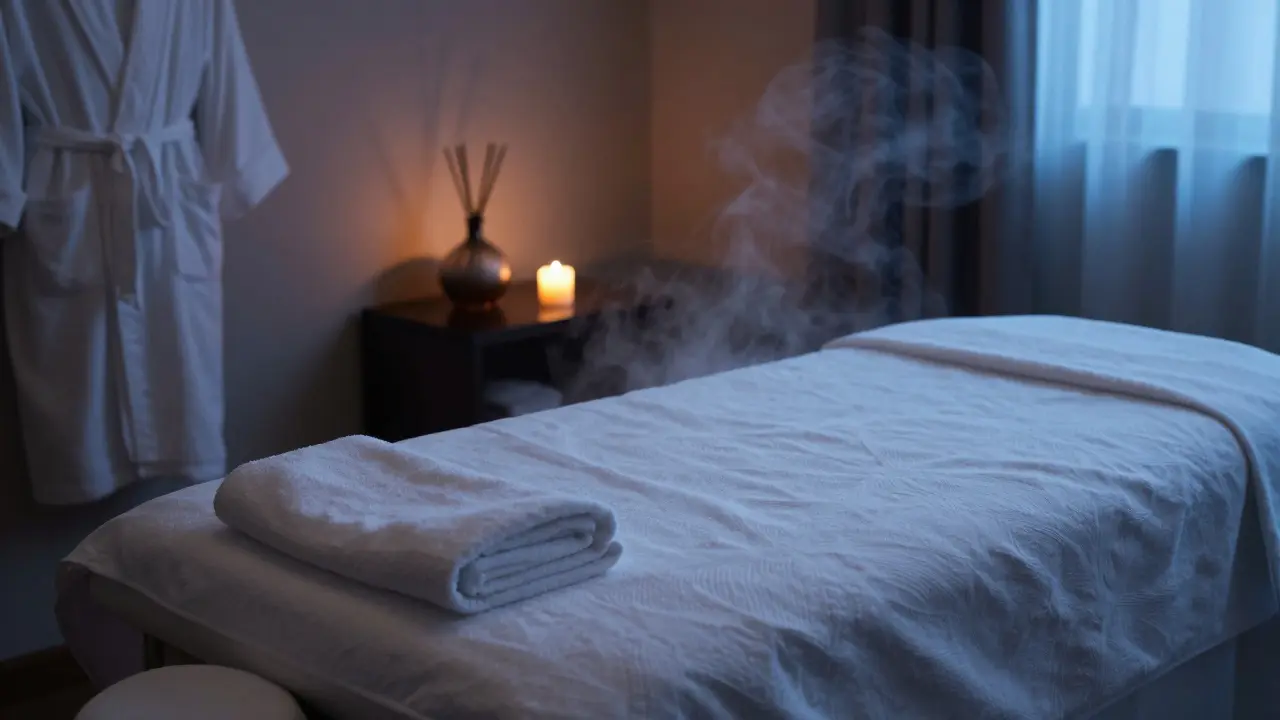 A peaceful massage room with towels, candlelight, and a robe on a chair.