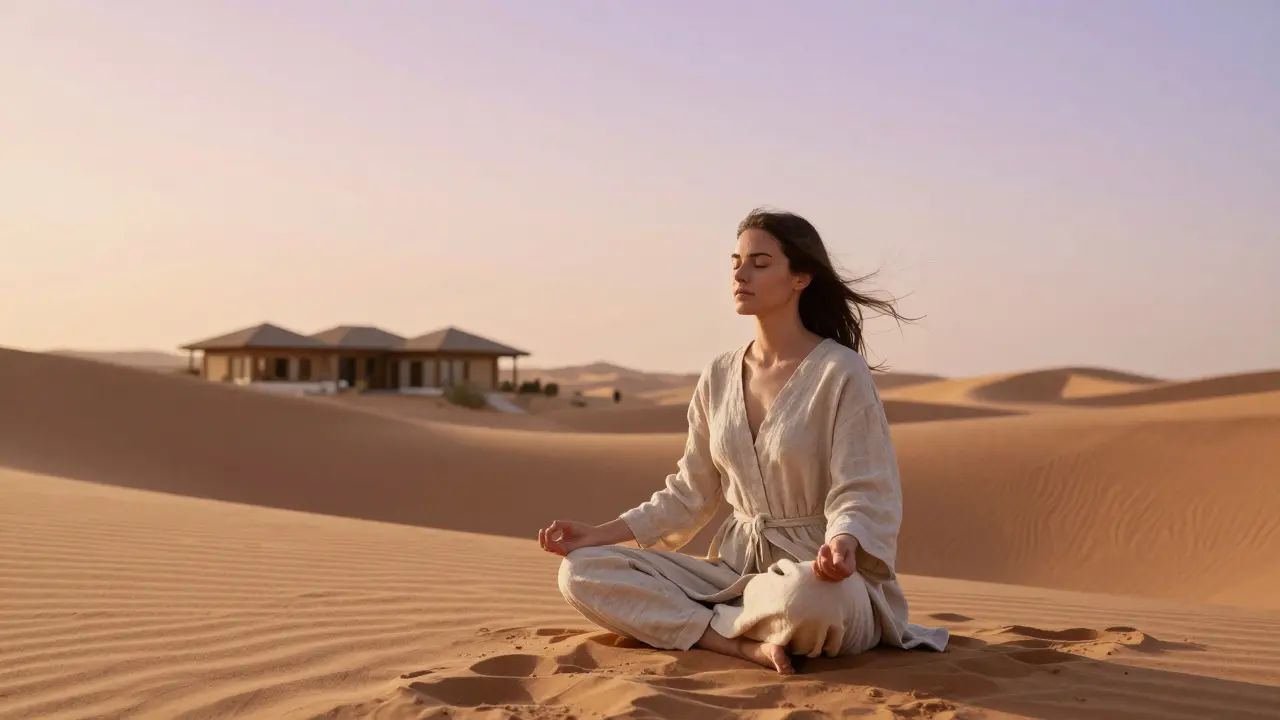 A person meditating peacefully at sunrise among desert dunes.