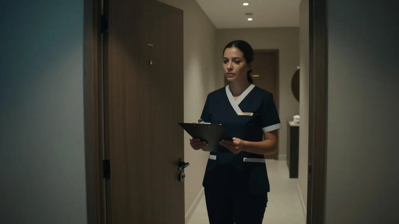 A professional therapist standing respectfully outside a closed spa door with a clipboard.