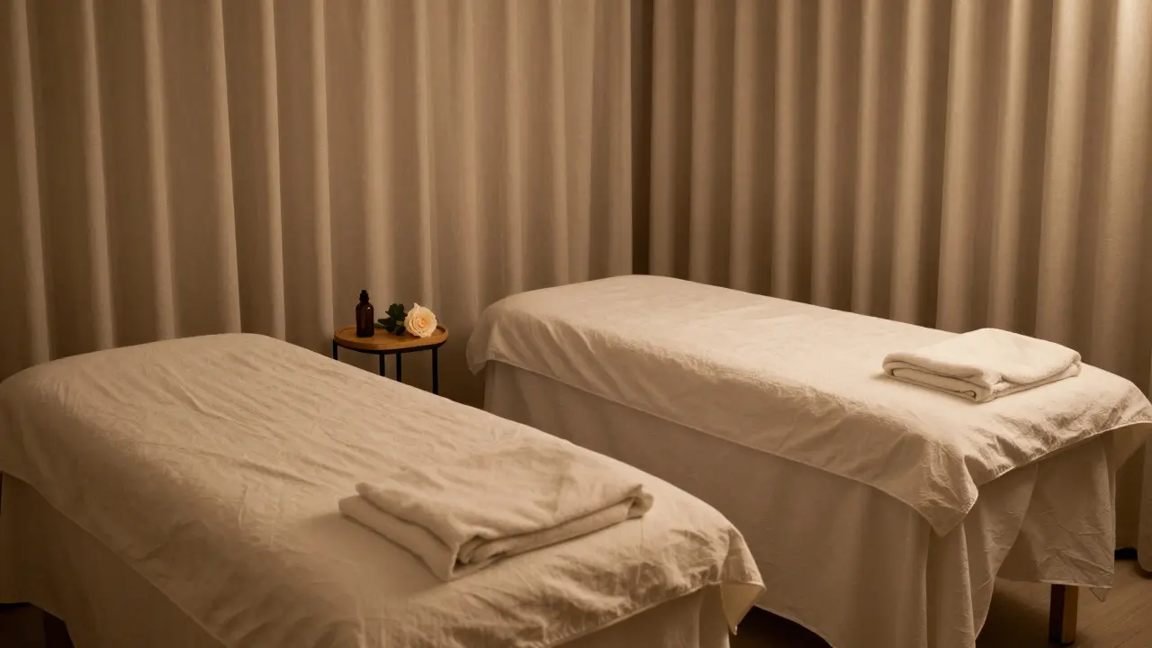 A serene spa room with two massage tables and soft lighting, prepared for couples.