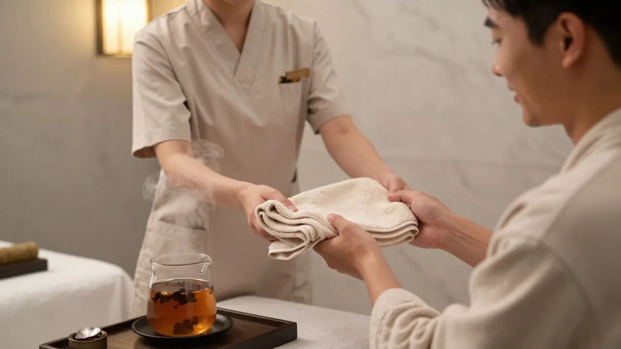 A therapist handing a warm towel to a guest with a gentle smile.